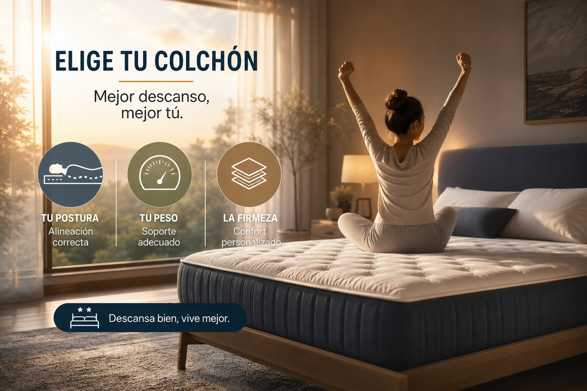 Mujer durmiendo de lado sobre colchón híbrido con alineación correcta de columna según postura y peso